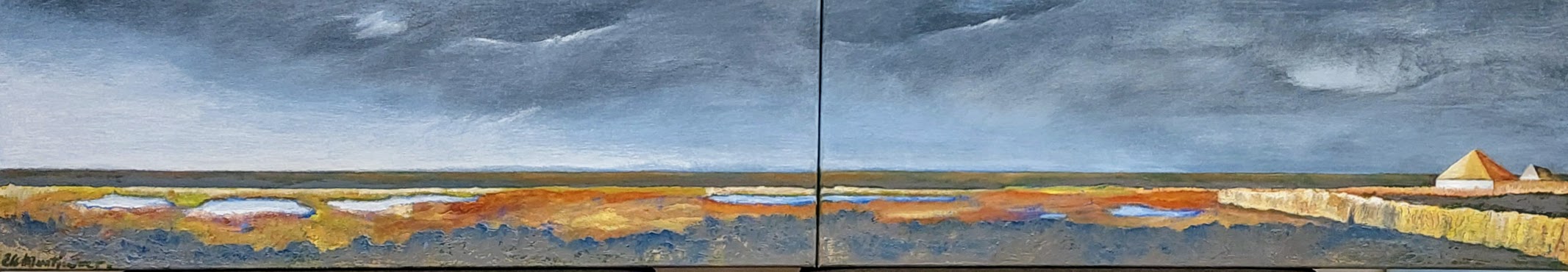 Nat voorjaar bij de dijk, tweeluik. Olieverf op doek -2024- 2x80x30 cm.